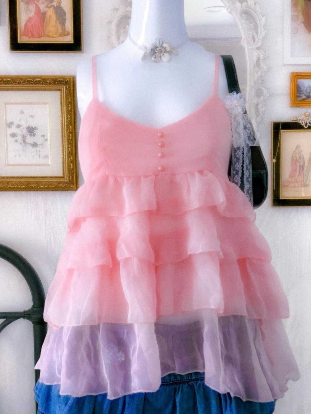 Y2K fairy coquette babydoll ruffle chiffon pink blouse